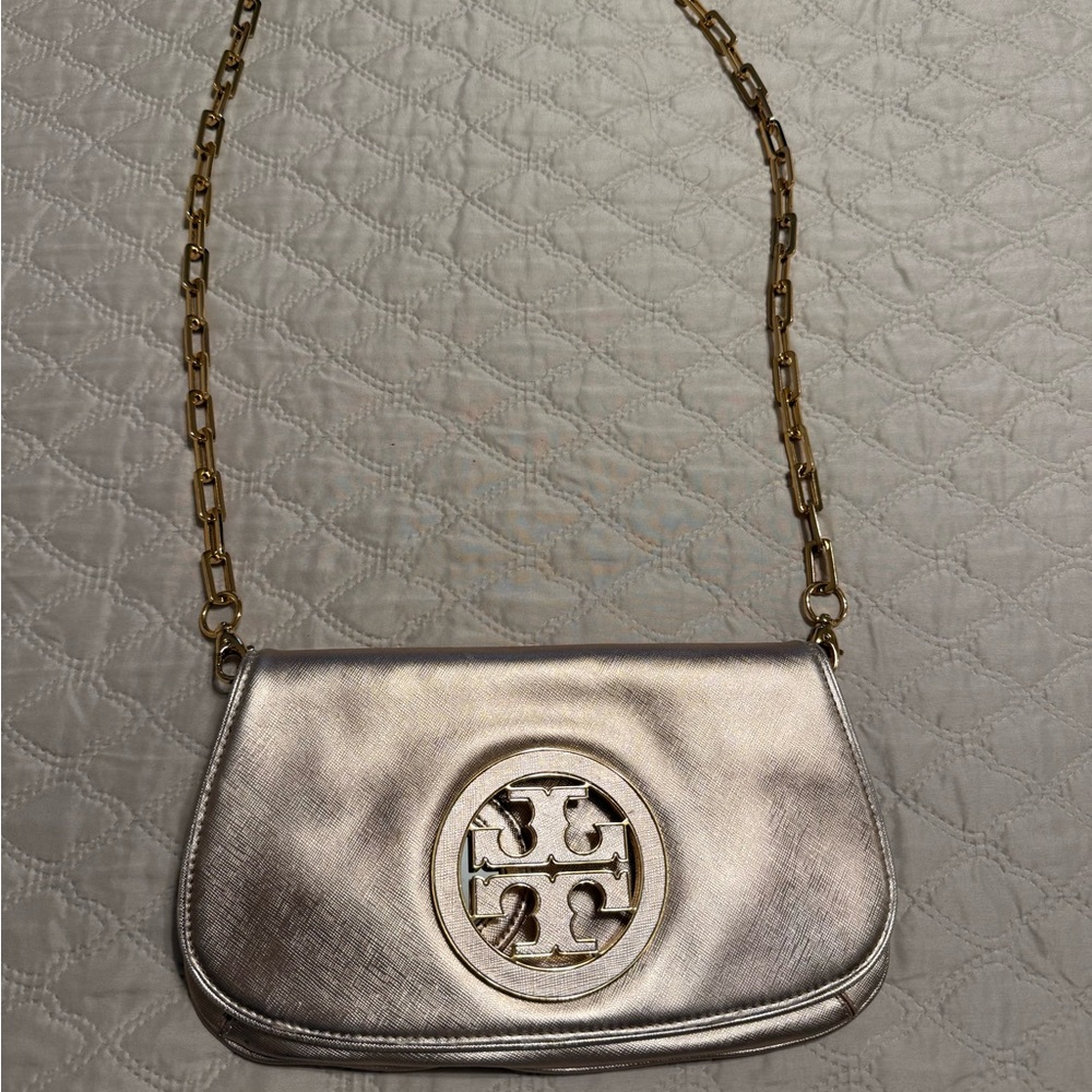 Tory Burch Metallic Rose Gold Clutch with Gold Chain.